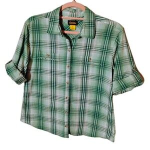 Women's Cabela's Green Plaid Roll-Tab Sleeve Button-Up Shirt Top Size PS